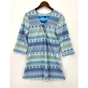 J Valdi Dress Swim Cover Up Women's 3/4 Sleeve Batik Blue Green S